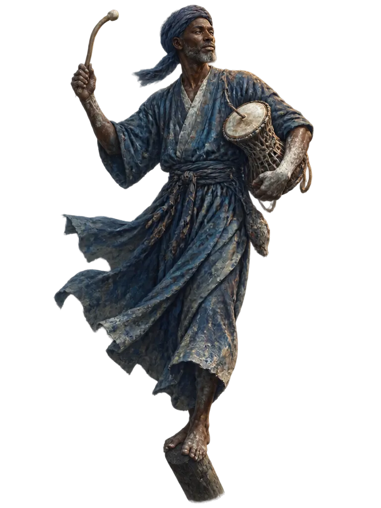 Amadou Reed, griot pemimpin guild, berdiri di ujung tiang toron dengan drum bicara di ketiak.