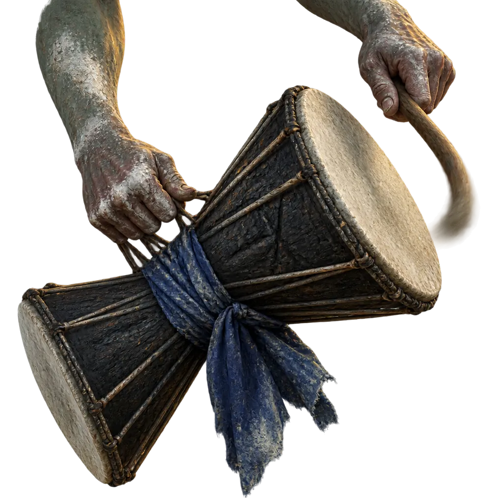 Dua tangan berdebu plester menjepit tali drum bicara dan memukulnya dengan tongkat lengkung.